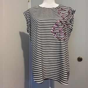 New York and Company shirt black and white striped , size Large w/floral detail